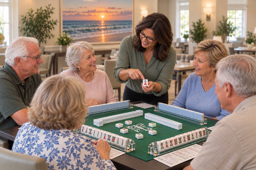 senior citizens learning how to play mahjong